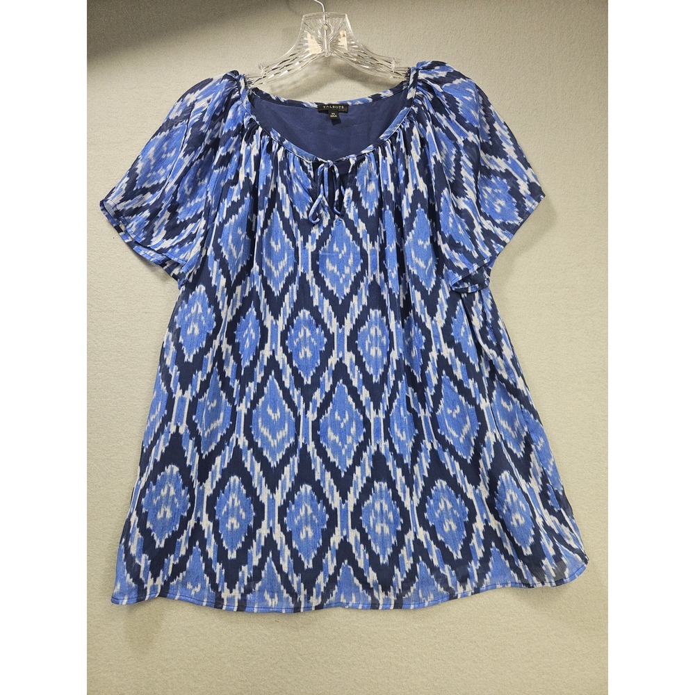 Talbots Women Blue Ikat Chiffon Lined Flutter Sleeve Blouse VN5084 XS